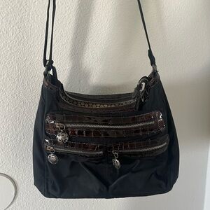 Brighton Black Shoulder Bag with Croc-Trim Accents
